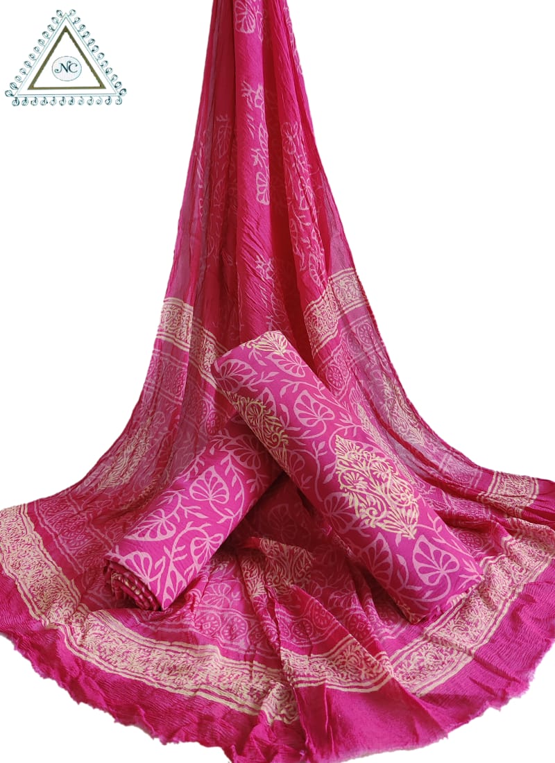 VIBRANT PINK CHIFFON DUPATTA SET WITH INTRICATE FLORAL BLOCK PRINTS(3-PIECE SET)