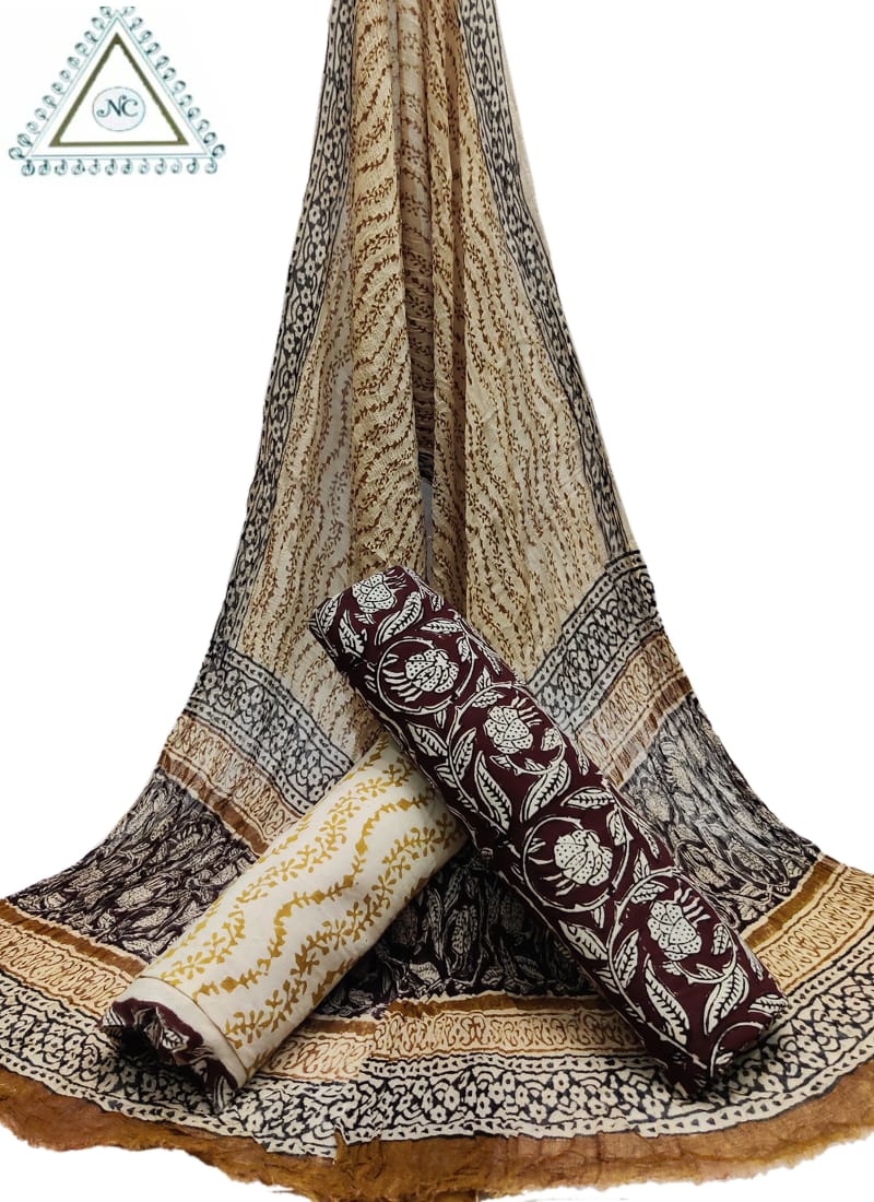 CHARMING BEIGE & MAROON CHIFFON DUPATTA SET WITH HAND BLOCK PRINTS(3-PIECE SET)