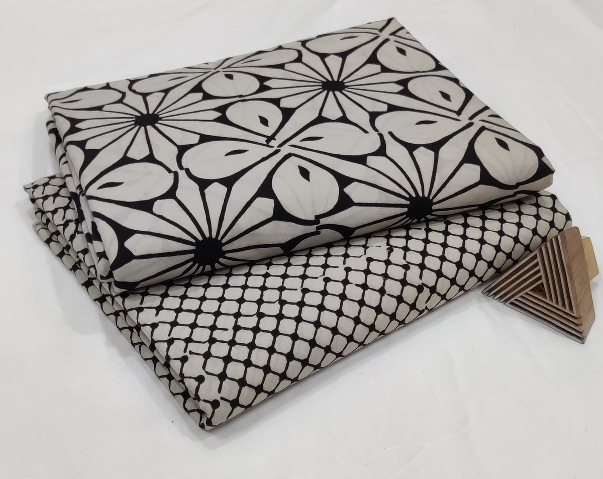 ELEGANT BLACK & WHITE HAND BLOCK PRINTED COTTON FABRIC SET