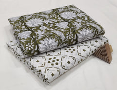 TRADITIONAL OLIVE GREEN & WHITE COTTON FABRIC SET – HANDCRAFTED BATIK PRINT COMBO