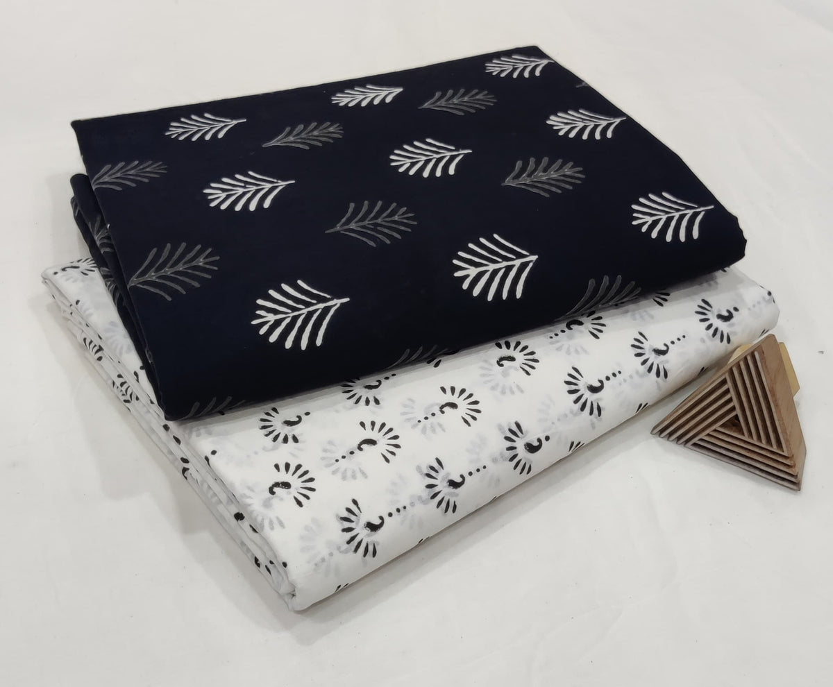 CLASSIC BLACK & WHITE COTTON FABRIC SET – HAND BLOCK PRINTED COMBO