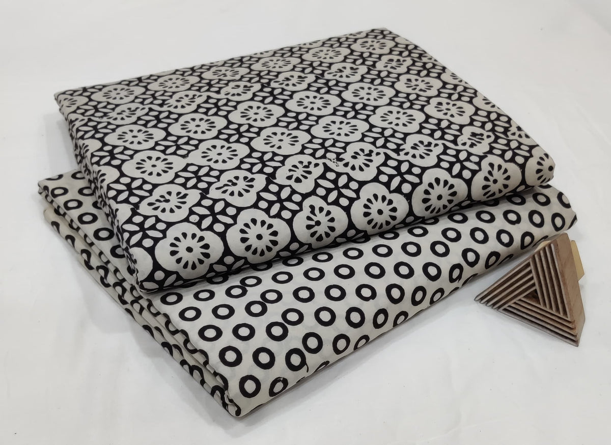 🖤 BLACK & WHITE HAND BLOCK PRINT COTTON FABRIC SET – DUAL DESIGN