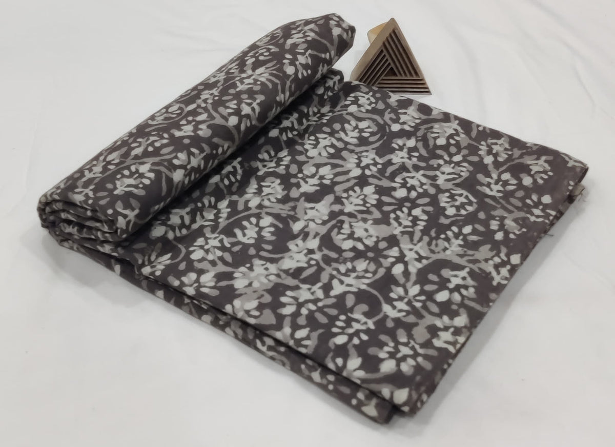ARTISANAL HAND BLOCK PRINTED COTTON FABRIC – BLACK WITH GREY LEAFY VINES