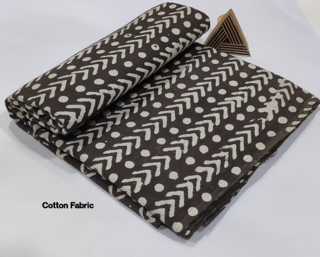 TRIBAL-INSPIRED HAND BLOCK PRINTED COTTON FABRIC – BLACK WITH WHITE CHEVRON & DOT MOTIF