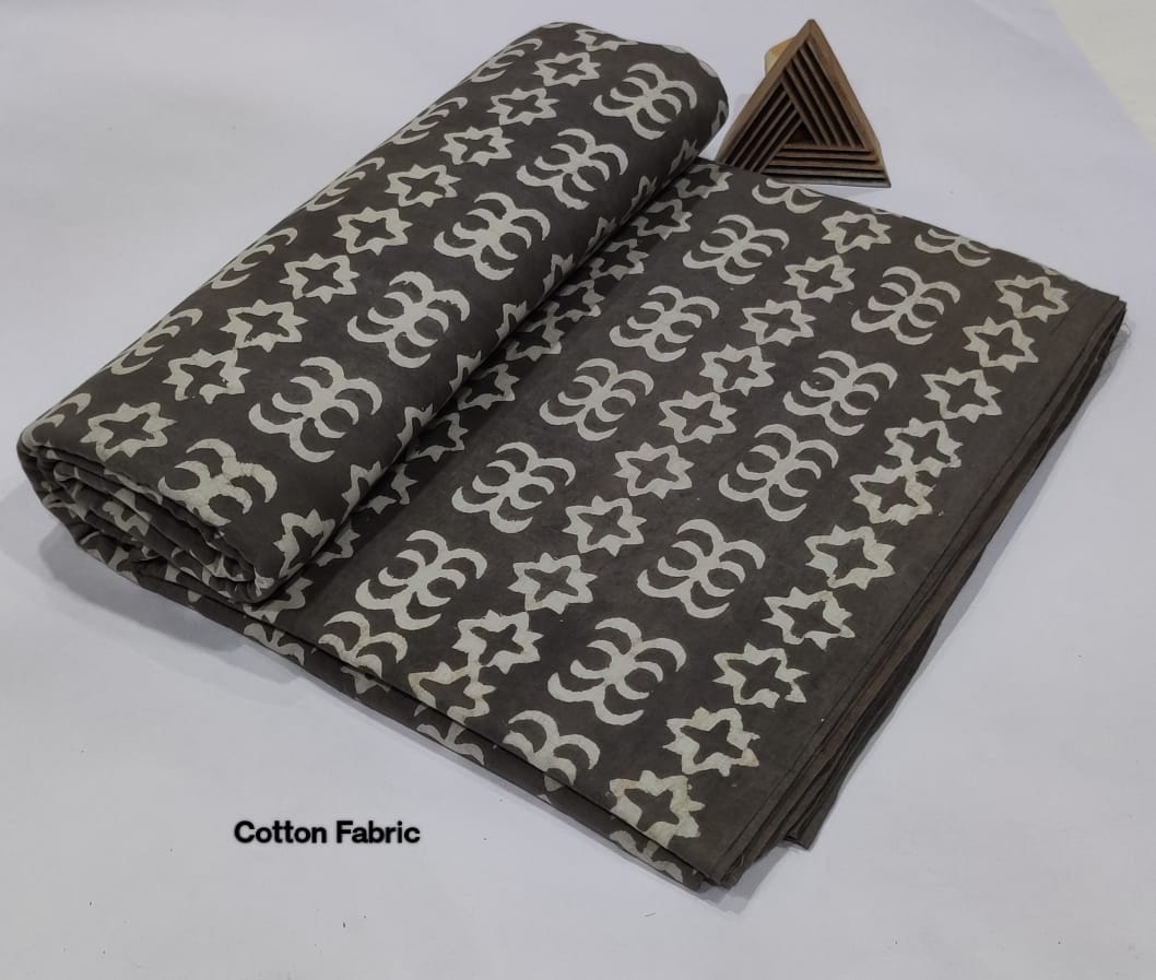 CHARCOAL GREY HAND BLOCK PRINTED COTTON FABRIC  STAR & ABSTRACT MOTIF