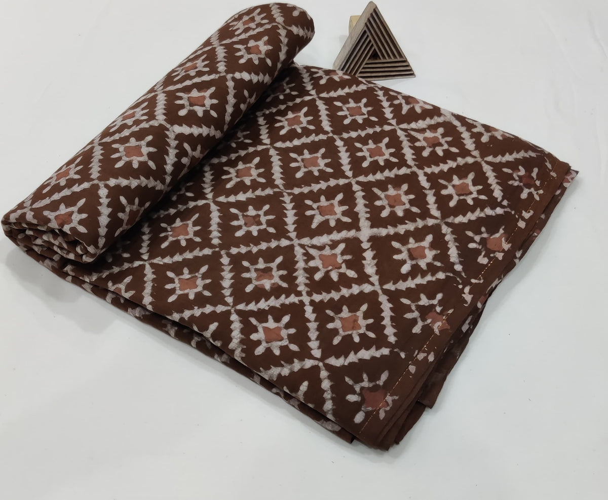 HAND BLOCK PRINTED BROWN COTTON FABRIC  TRIBAL ABSTRACT DESIGN