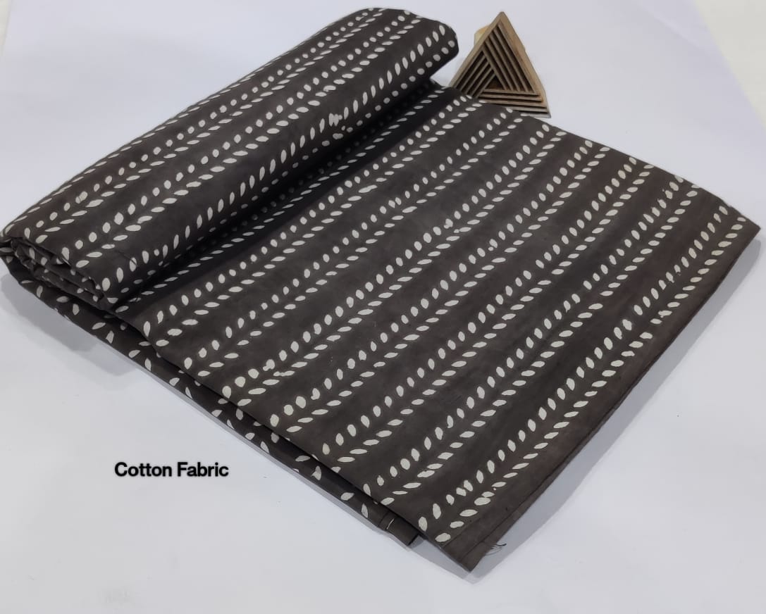 CHARCOAL BLACK HAND BLOCK COTTON FABRIC  LEAF STRIPE PATTERN