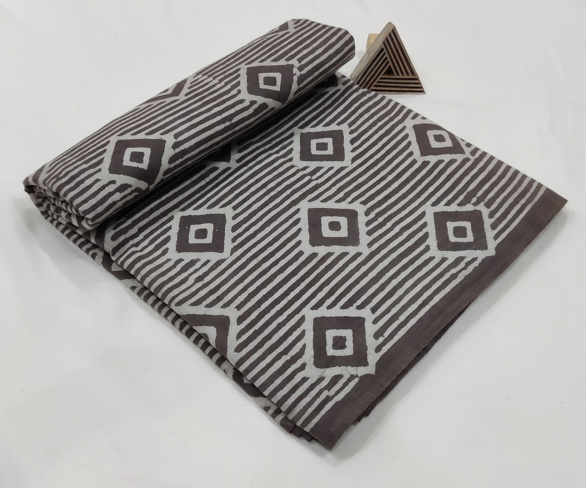 CHARCOAL BLACK & GREY HAND BLOCK COTTON FABRIC  GEOMETRIC DIAMOND STRIPE PATTERN