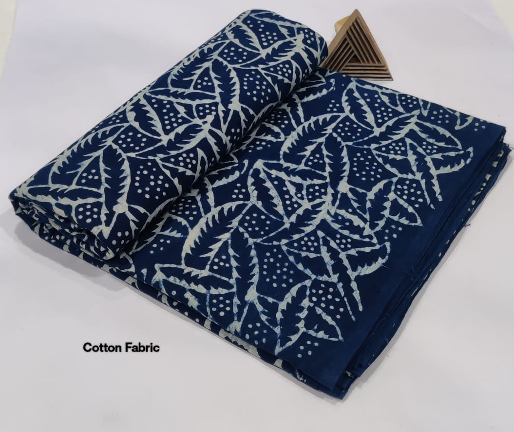 INDIGO BLUE HAND BLOCK COTTON FABRIC  LEAF & DOT PATTERN
