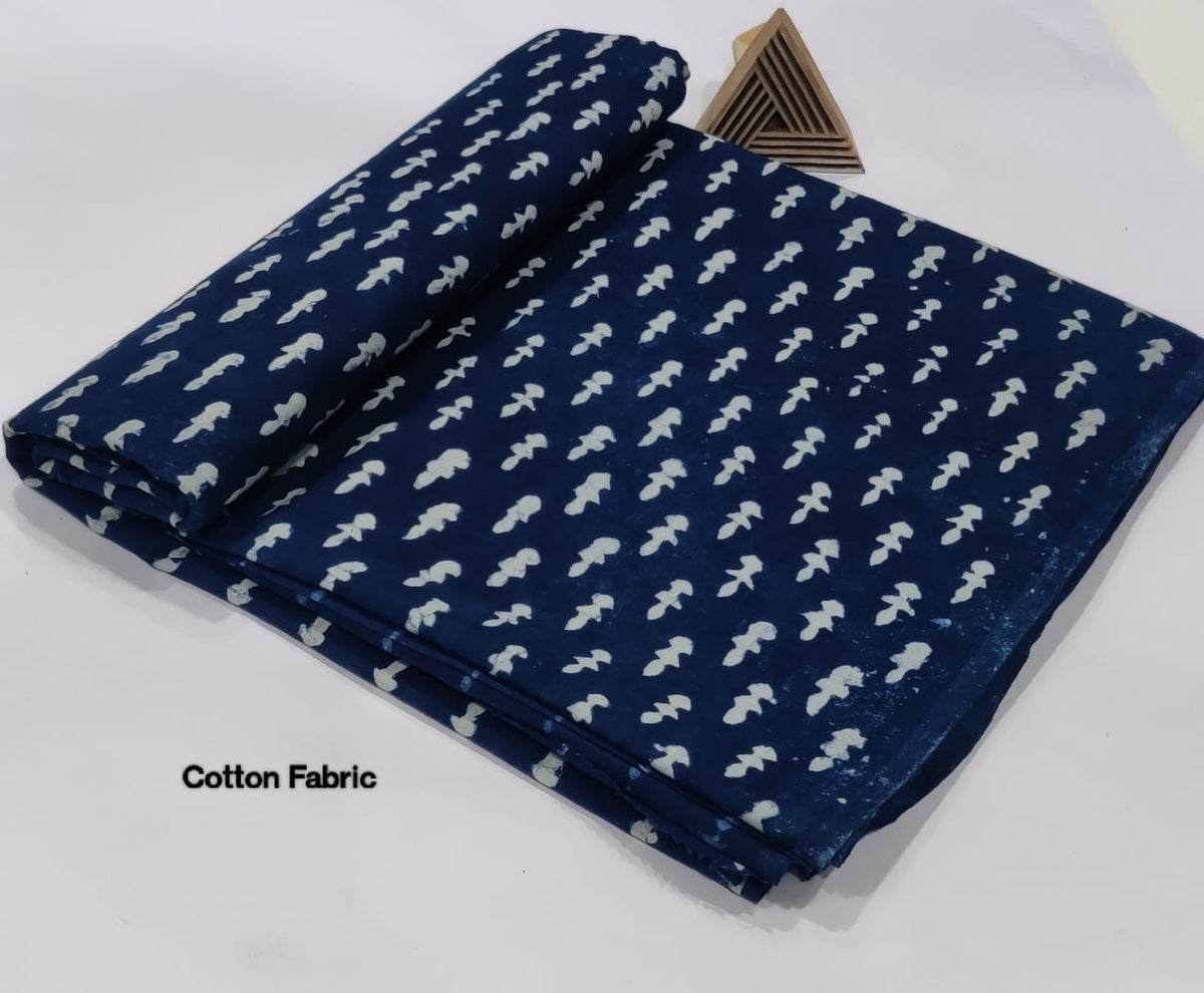 HAND BLOCK PRINTED INDIGO COTTON FABRIC  BIRD MOTIF DESIGN
