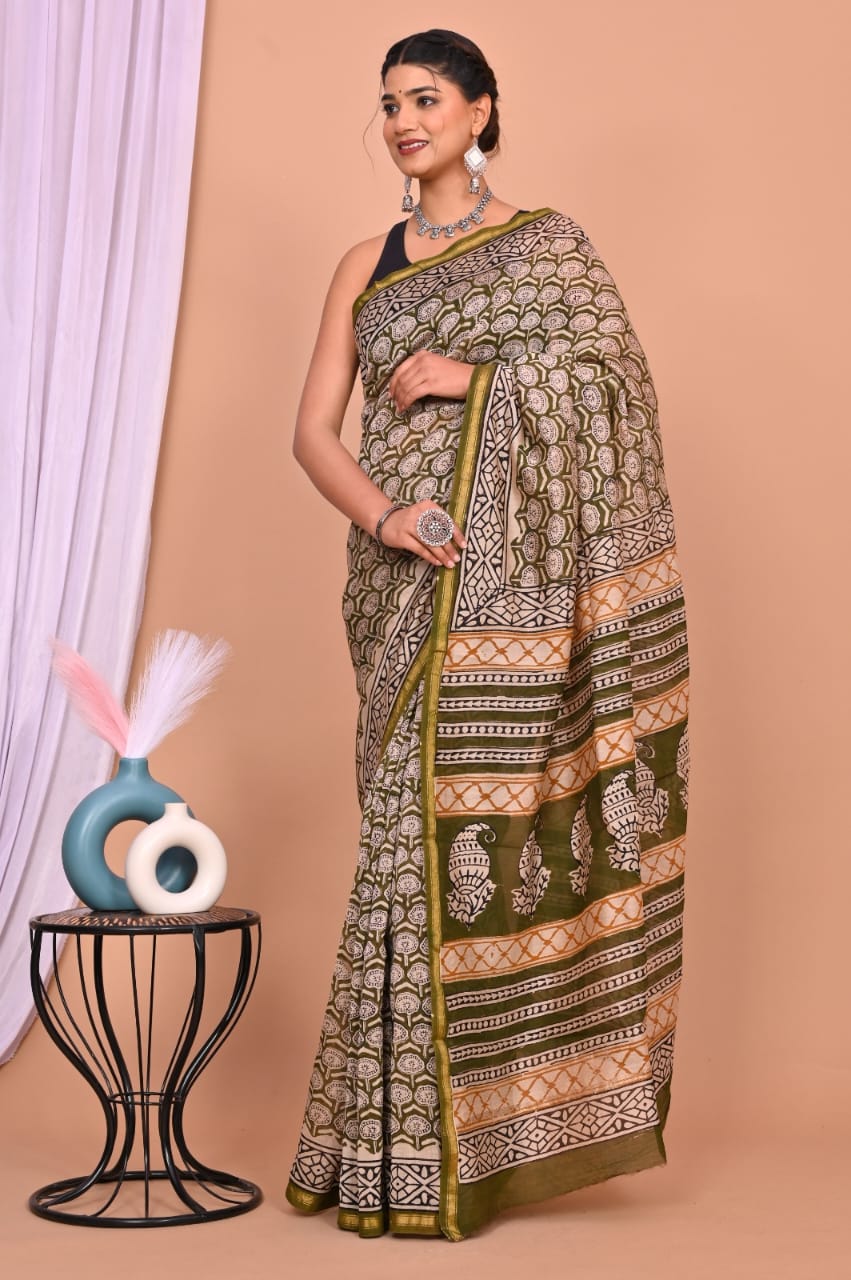 OLIVE GREEN & BEIGE CHANDERI SILK SAREE WITH TRIBAL BLOCK PRINT