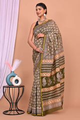 OLIVE GREEN & BEIGE CHANDERI SILK SAREE WITH TRIBAL BLOCK PRINT