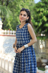 ELEGANT BLUE FLORAL PRINTED FIT AND FLARE DRESS