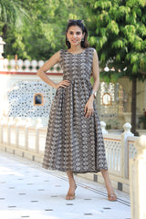 Elegant Brown and White Floral Print Fit and Flare Dress