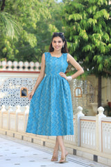 Elegant Blue Abstract Print Fit and Flare Dress