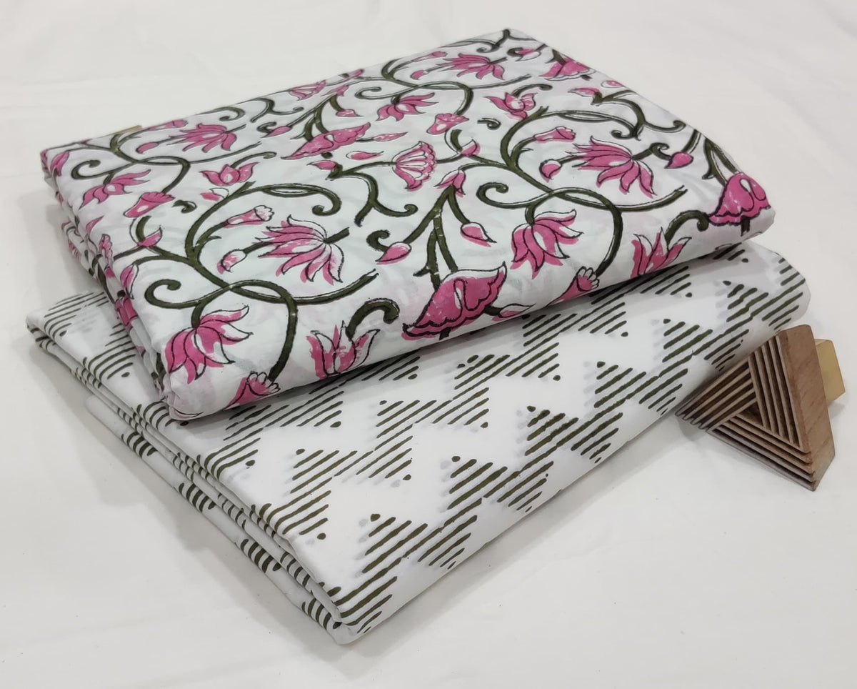 Elegant Handblock Printed Cotton Fabric Set – Pink Floral & Olive Geometric