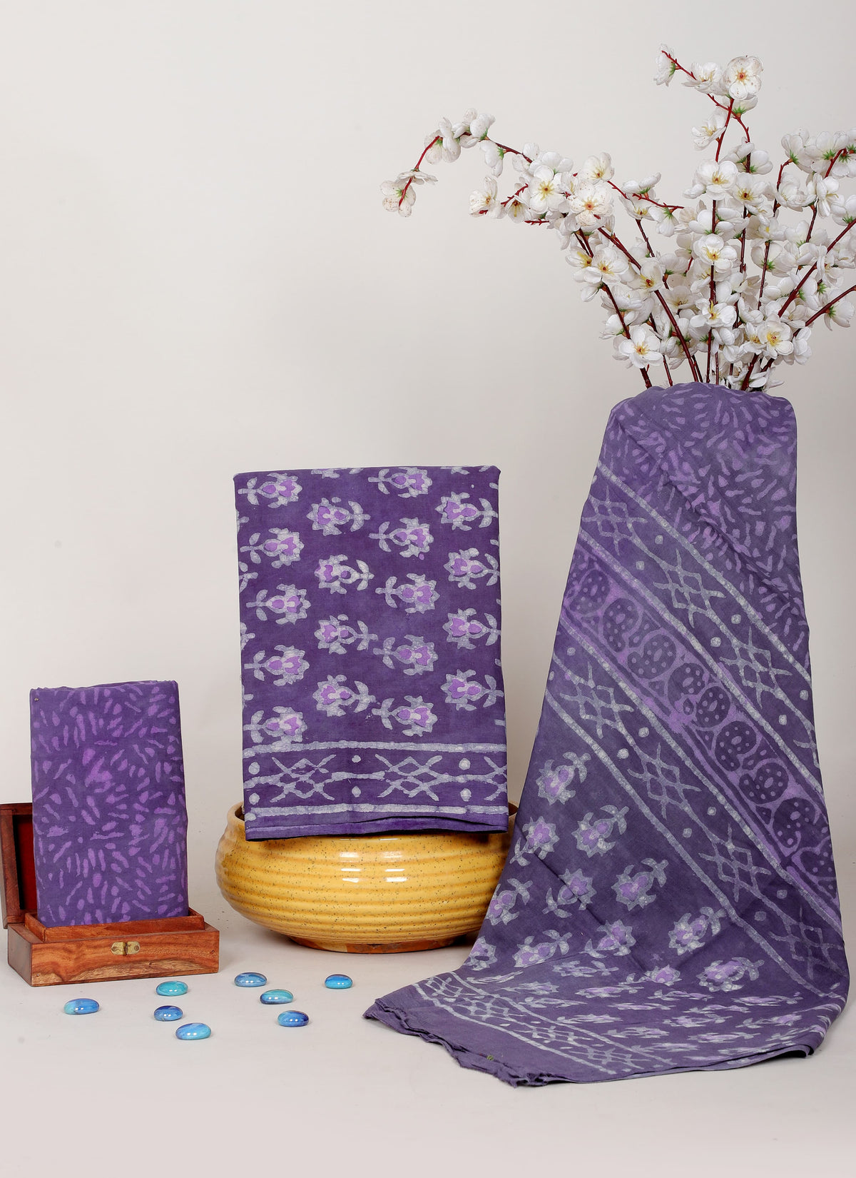 PURPLE HANDCRAFTED COTTON MULMUL SUIT SET