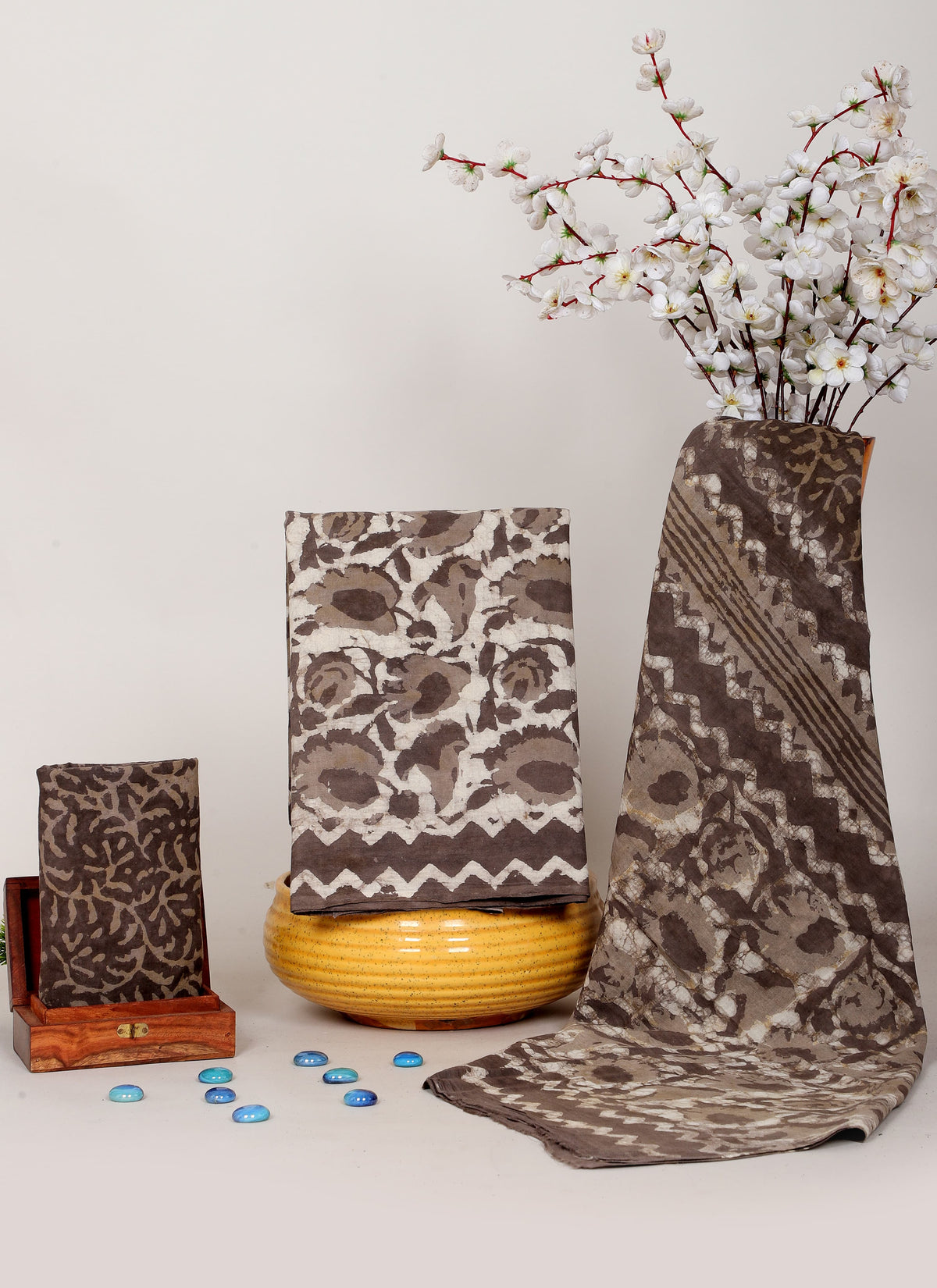 HANDCRAFTED DABU COTTON DRESS MATERIAL – ELEGANT BROWN & BEIGE