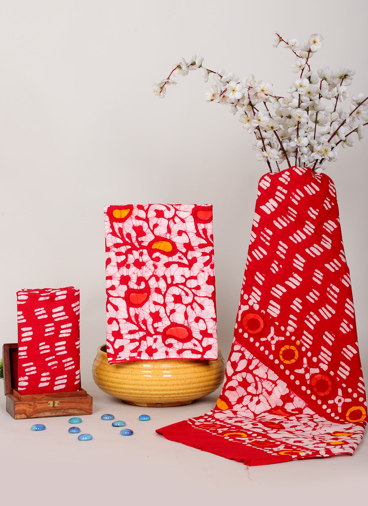 HANDCRAFTED BATIK COTTON DRESS MATERIAL– RED WITH WHITE & YELLOW MOTIFS