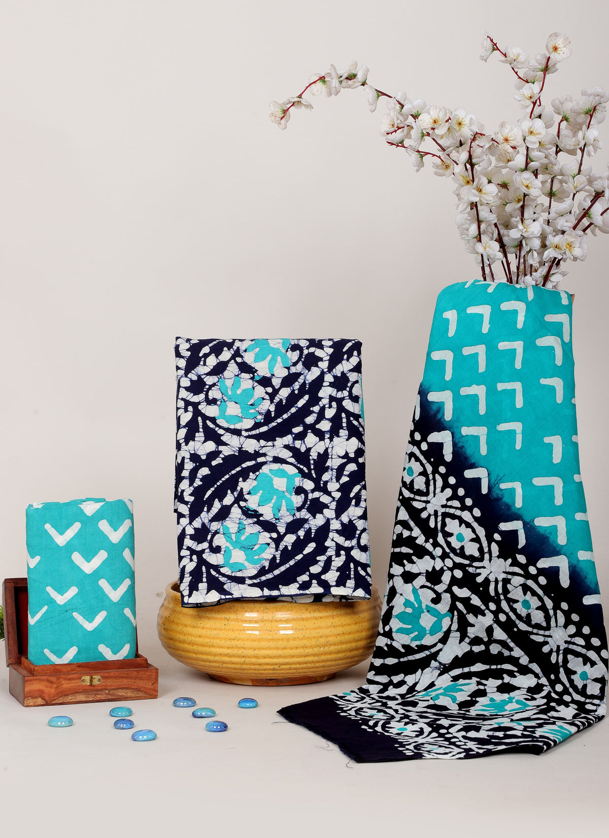 HANDCRAFTED BATIK COTTON DRESS MATERIAL TURQUOISE & NAVY BLUE