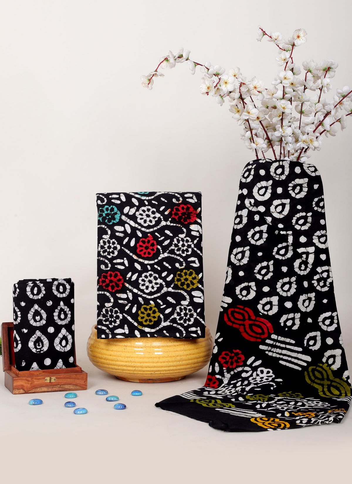 HANDCRAFTED BATIK COTTON DRESS MATERIAL– BLACK WITH MULTICOLOR MOTIFS