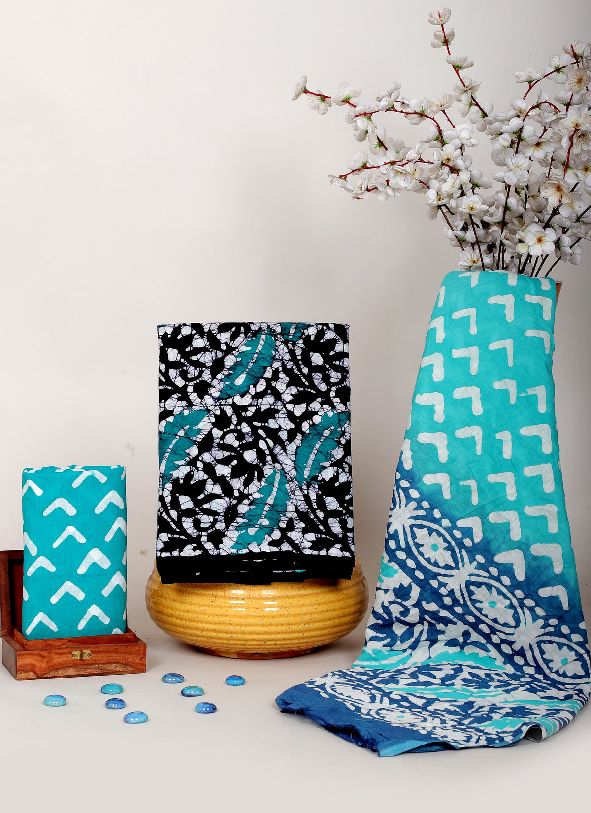 HANDCRAFTED BATIK COTTON DRESS MATERIAL TURQUOISE & NAVY BLUE