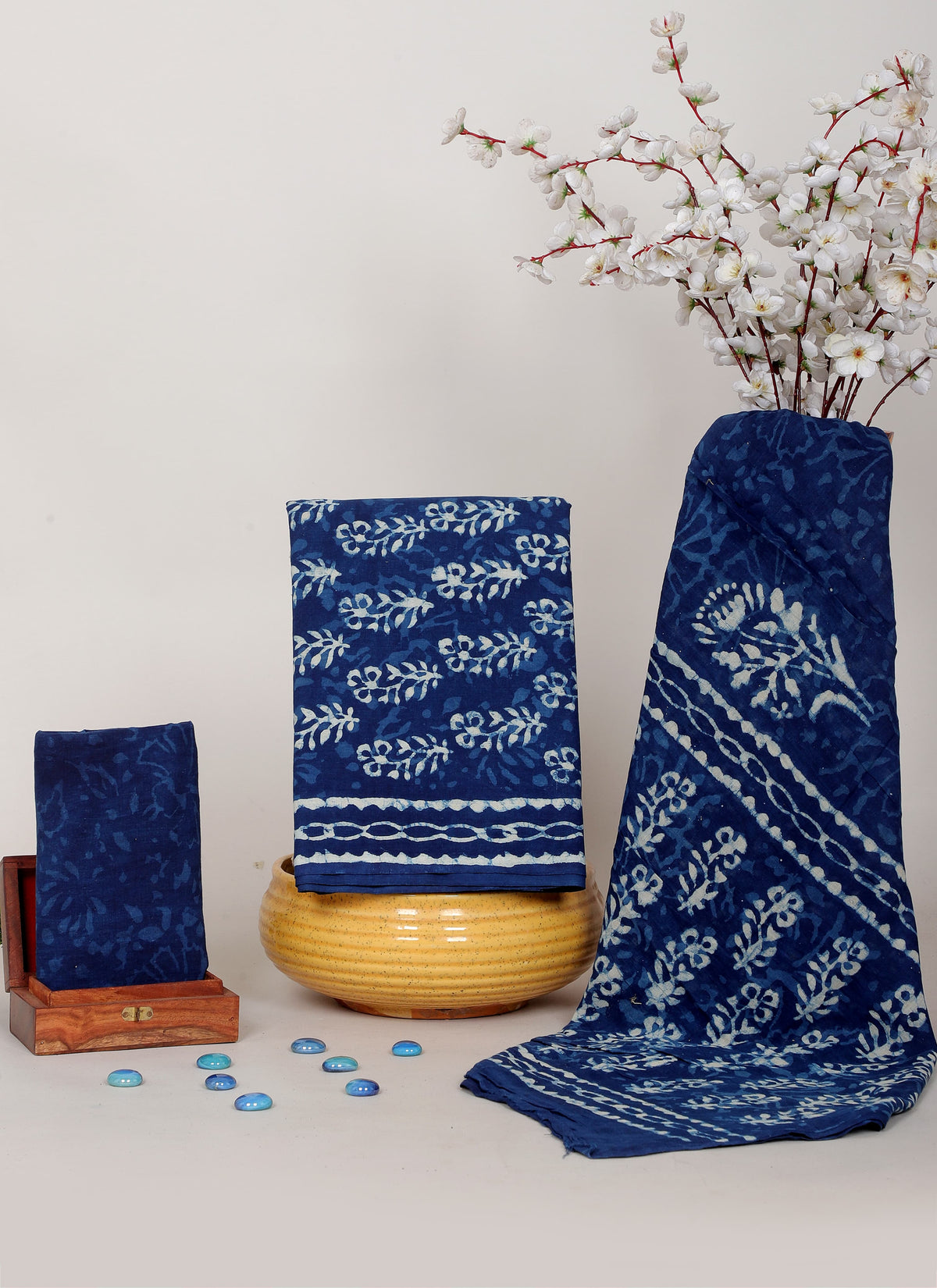 HANDCRAFTED DABU PRINT COTTON DRESS MATERIAL INDIGO BLUE