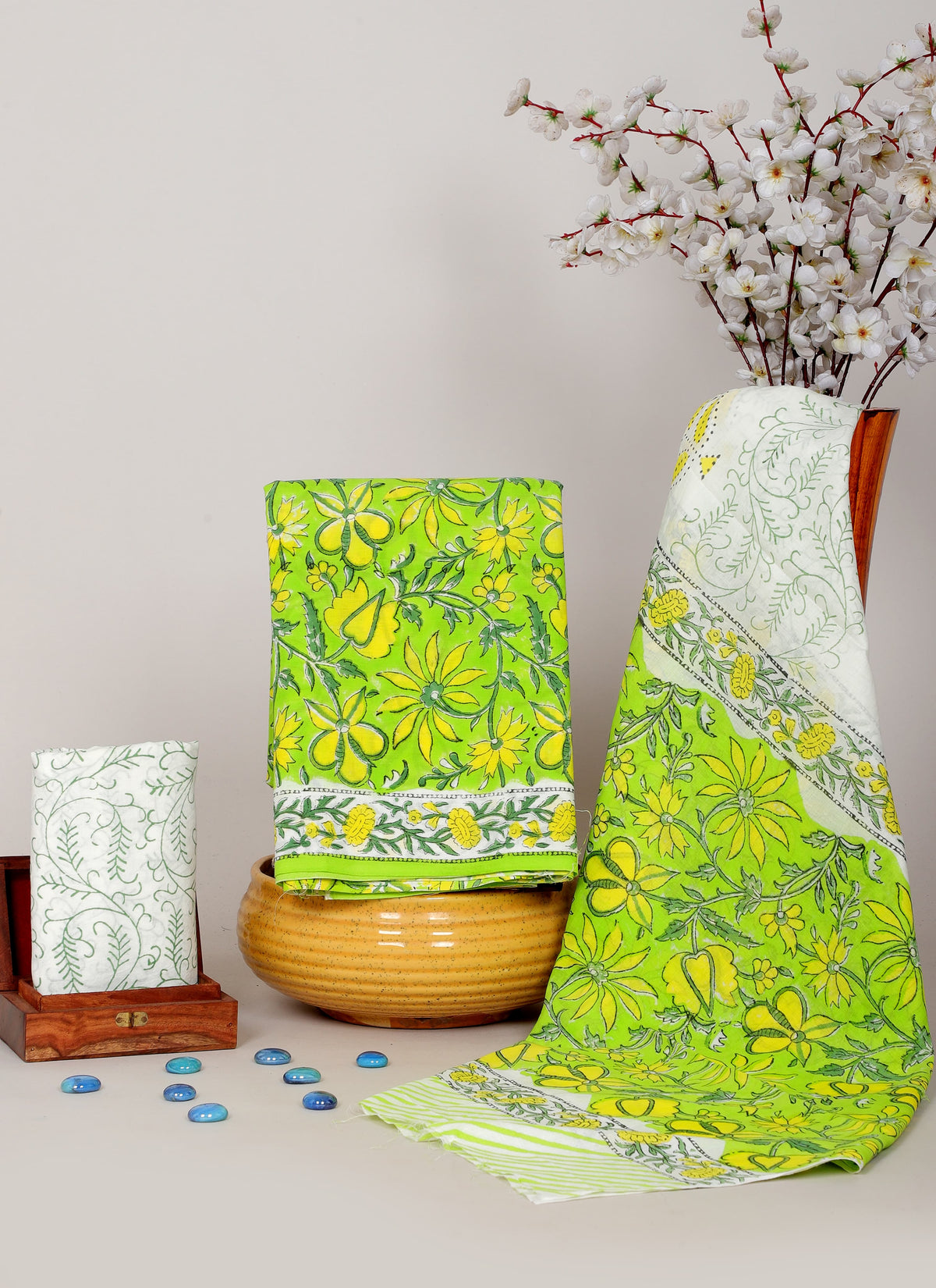 HANDCRAFTED COTTON SUIT SET – LIME GREEN & YELLOW FLORAL ELEGANCE