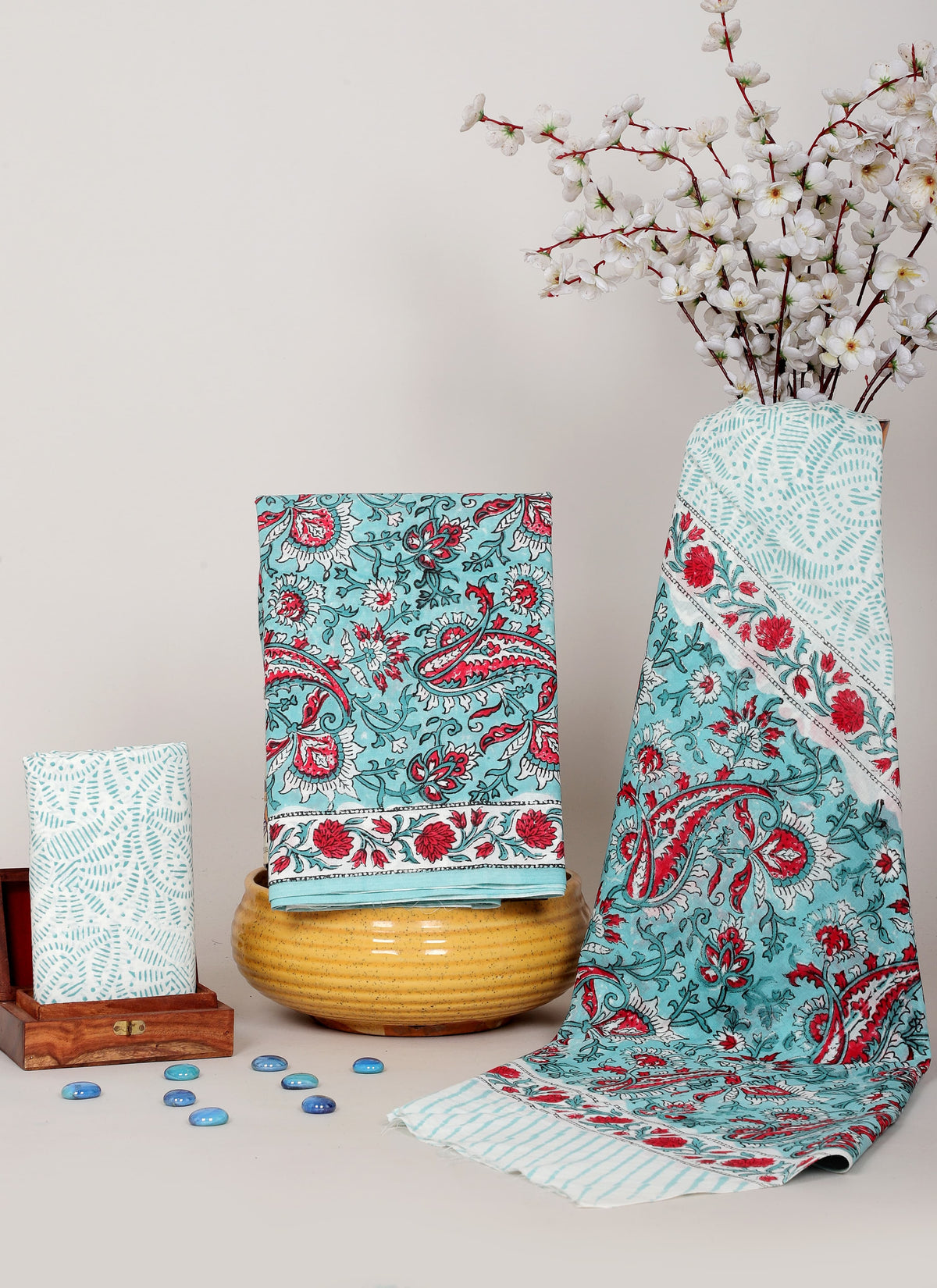 HANDBLOCK PRINTED COTTON DRESS MATERIAL SKY BLUE WITH RED & WHITE FLORAL MOTIFS