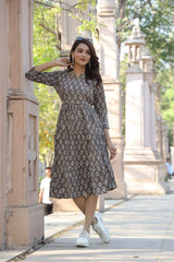 BROWN HANDBLOCK PRINT COTTON MIDI DRESS FOR WOMEN