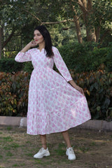 WHITE & PINK LEAF PRINT COTTON MAXI DRESS FOR WOMEN
