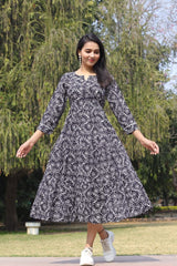 BLACK & WHITE ABSTRACT PRINT COTTON MAXI DRESS FOR WOMEN