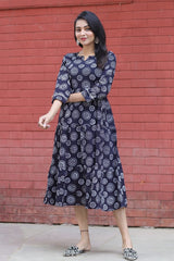 BLACK & WHITE ABSTRACT PRINT COTTON MAXI DRESS FOR WOMEN