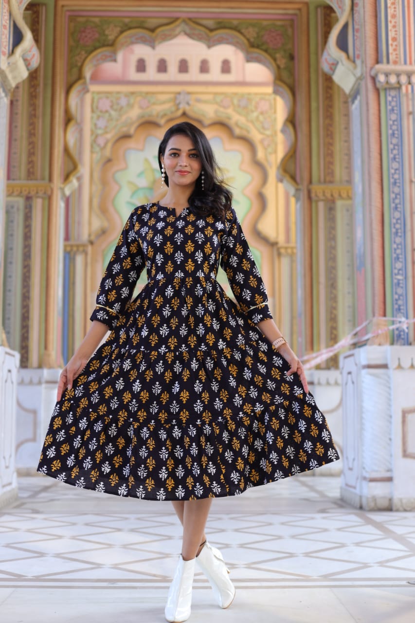 BLACK & MUSTARD HANDBLOCK PRINT FIT & FLARE DRESS FOR WOMEN