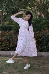 WHITE & PINK LEAF PRINT COTTON MAXI DRESS FOR WOMEN