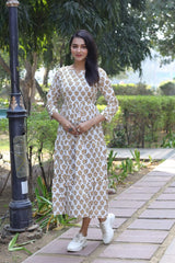 WHITE & MUSTARD HANDBLOCK PRINT COTTON MAXI DRESS FOR WOMEN