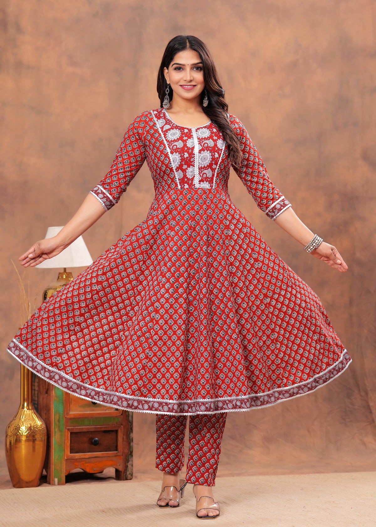 ELEGANT RED PRINTED ANARKALI SET WITH EMBROIDERY AND MATCHING DUPATTA