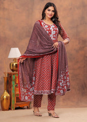 ELEGANT RED PRINTED ANARKALI SET WITH EMBROIDERY AND MATCHING DUPATTA