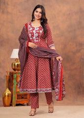ELEGANT RED PRINTED ANARKALI SET WITH EMBROIDERY AND MATCHING DUPATTA