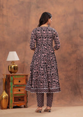 Elegant Black & Pink Floral Anarkali Set with Striped Dupatta