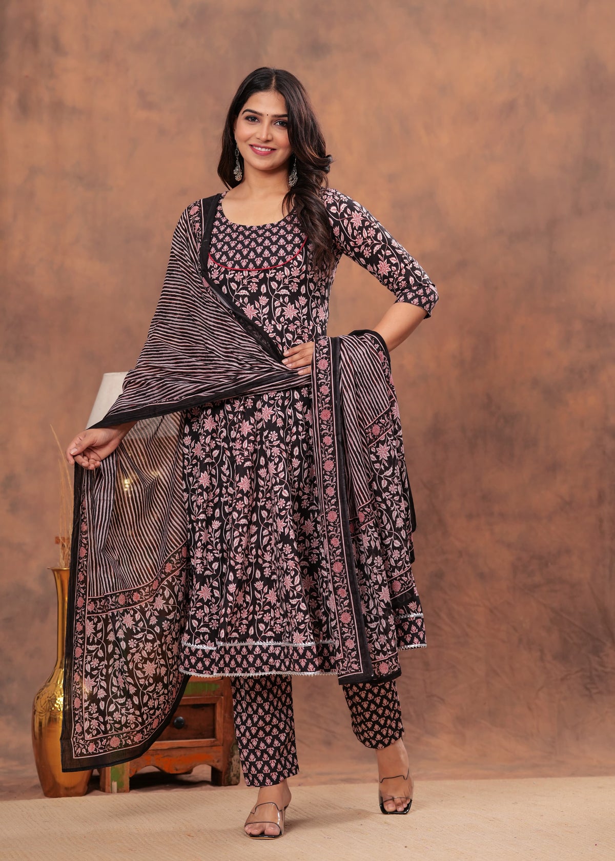 Elegant Black & Pink Floral Anarkali Set with Striped Dupatta