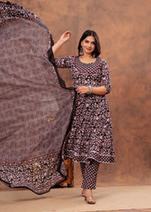 Elegant Black & Pink Floral Anarkali Set with Striped Dupatta