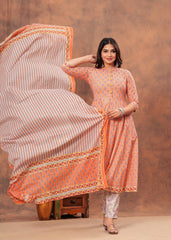 Charming Peach Floral Anarkali Set with Striped Dupatta