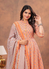Charming Peach Floral Anarkali Set with Striped Dupatta
