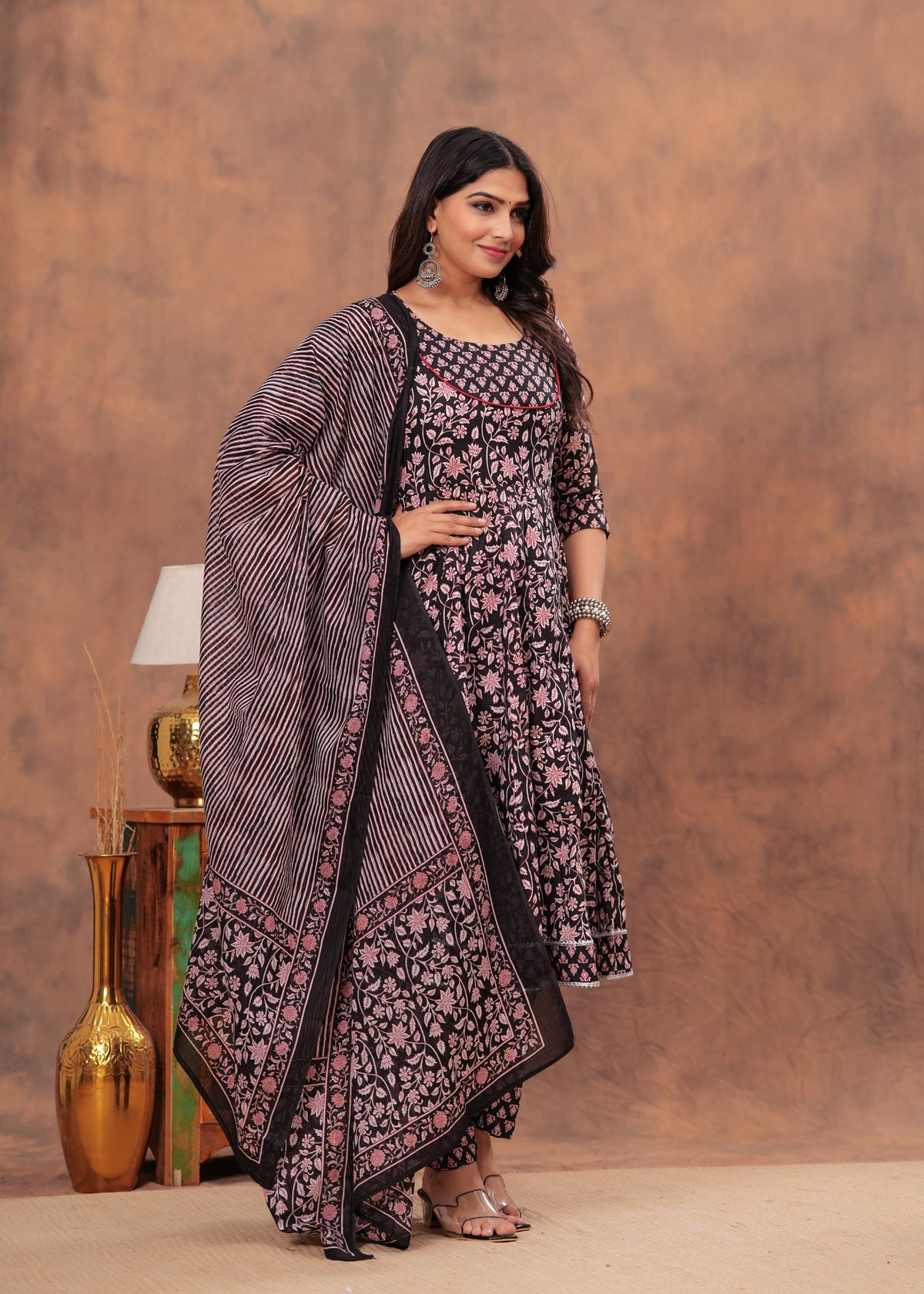 Black & Pink Floral Anarkali Set with Striped Dupatta