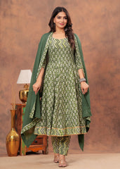 Green Floral Print Anarkali Set with Geometric Dupatta