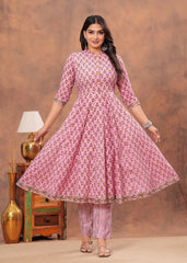 Elegant Pink Floral Anarkali Set with Striped Dupatta