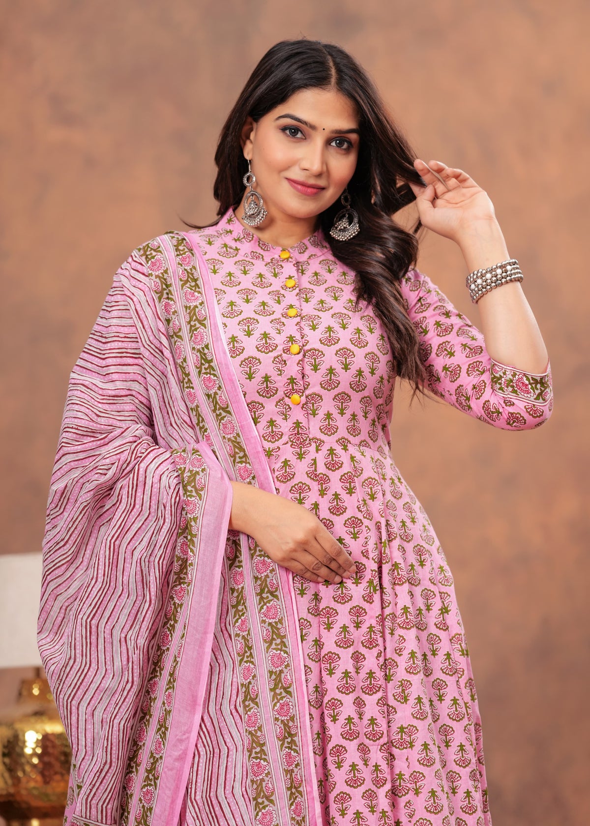 Elegant Pink Floral Anarkali Set with Striped Dupatta