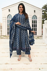 Elegant Navy Blue Printed Anarkali Set with Contrasting Dupatta