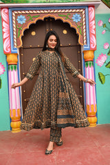 Dark Green Printed Anarkali Set with Matching Dupatta